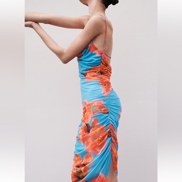 ZARA DRAPED PRINTED TULLE OPEN BACK DRESS SIZE M Blue/Red 5039/203 NWT - Picture 3 of 6